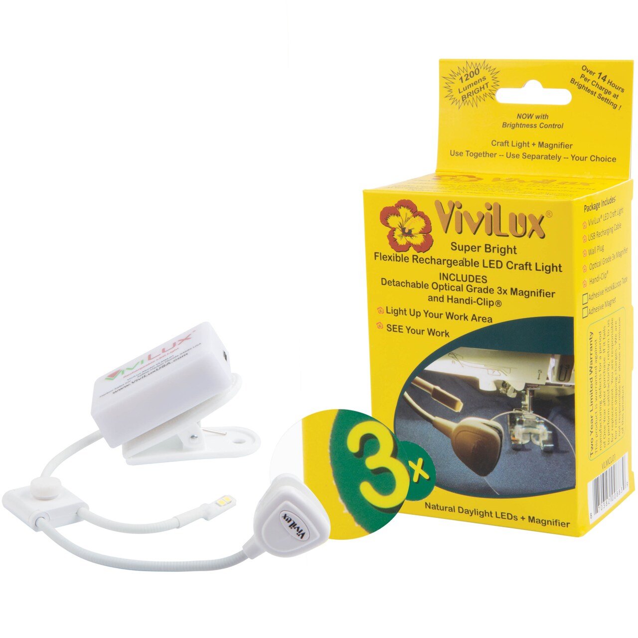 ViviLux LED Craft Light with 3X Magnifier, Flexible Task Lighting for Crafts, Sewing & Reading, Optical Grade Magnifying Glass, Handi-Clip & Hook and Loop Tape